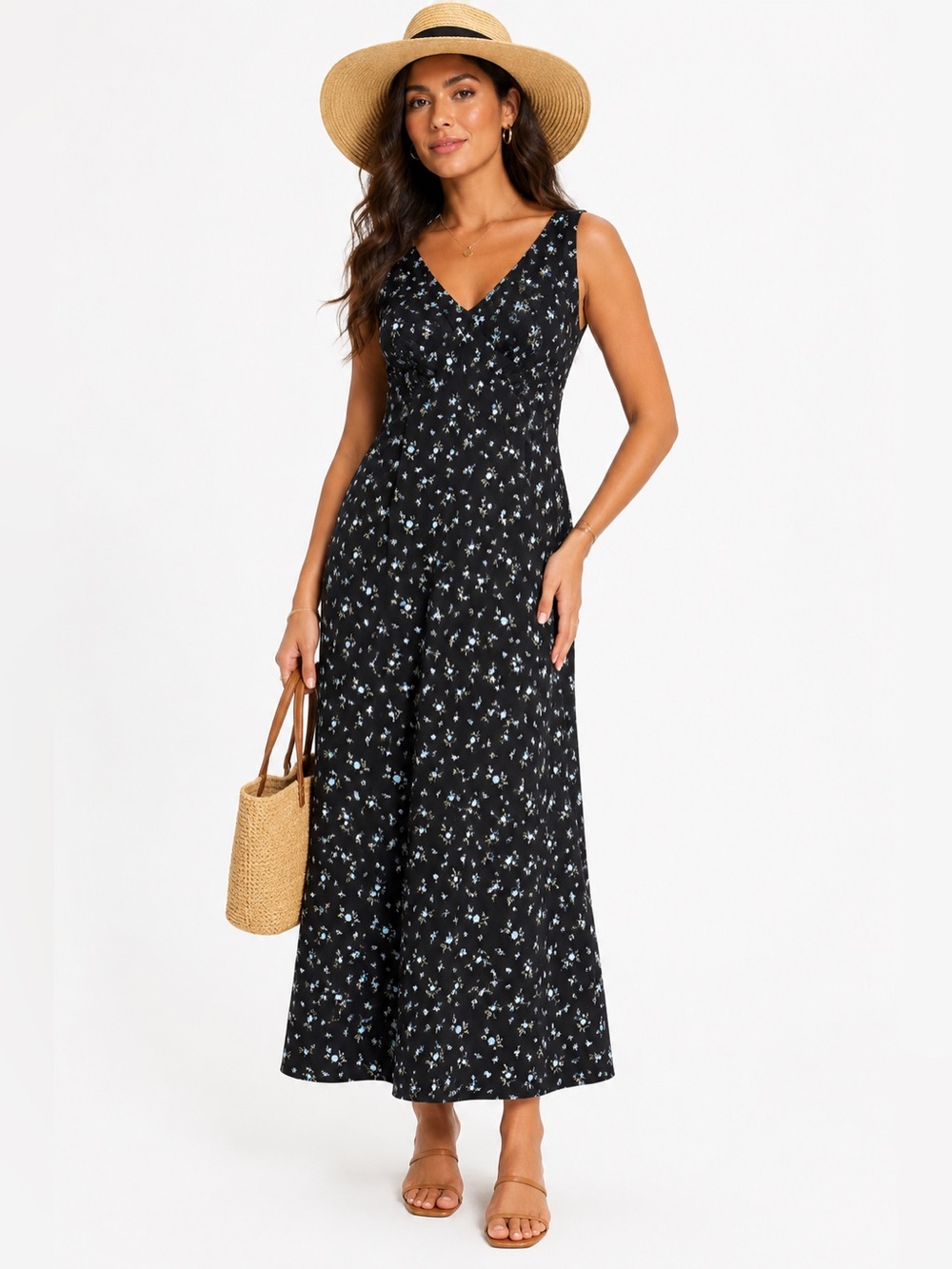 And Now This Sleeveless Floral Maxi Dress Size M Black Blue NWT
